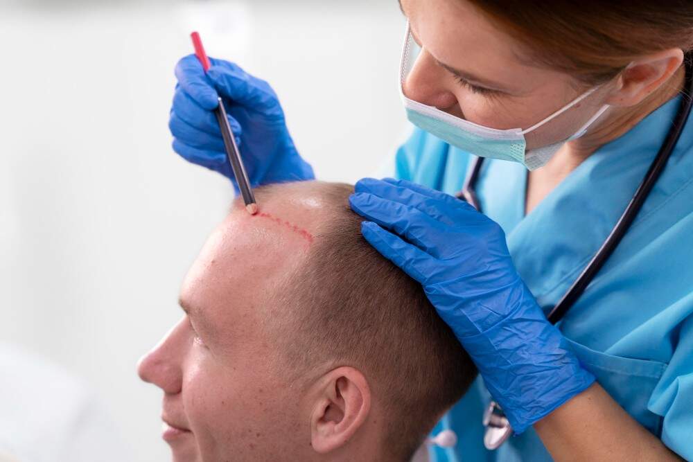 Adult male having balding problems assessed by hair specialist